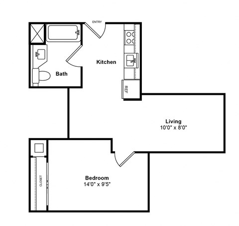 Floor plan for 1 bed, 1 bath, 475 sqft